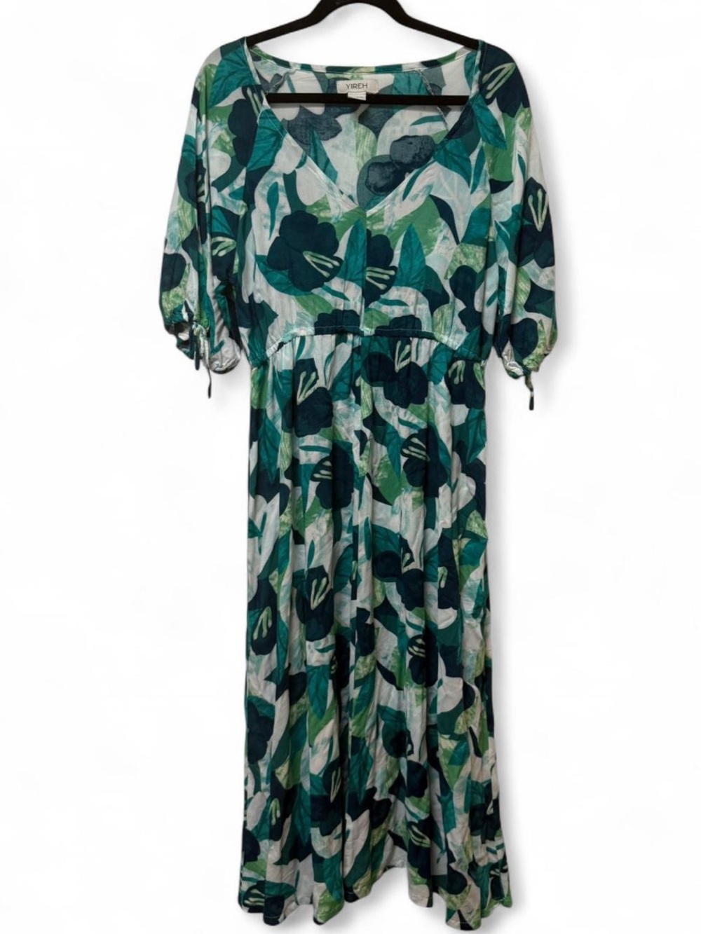 Yireh Hawaii Designer Flowy Beachy Tropical Hibiscus Print Rayon Maxi Dress XL